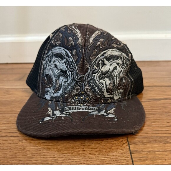 Vintage Affliction Double Skull Chain Cross Trucker Snapback Hat Brown One Size - Picture 4 of 11